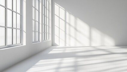 Obraz premium Empty white room with large windows, sun shadows