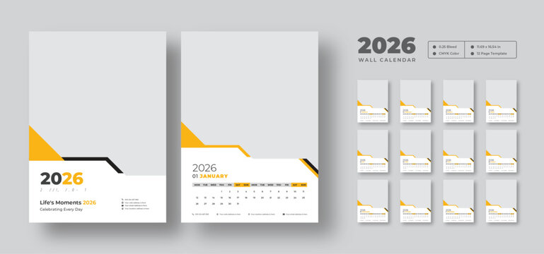 Editable 2026 wall calendar template | 12-month printable planner layout | Minimal vector design for home, office, or studio