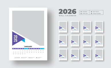 2026 wall calendar template design | Simple 12-month planner template in vector format | Week starts on Monday | Printable design for office, corporate, or business use
