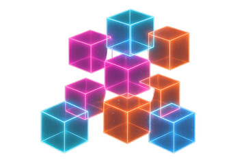 Fototapeta premium Colorful neon cubes are glowing and forming an abstract structure on a transparent background, perfect for digital art and technology concepts