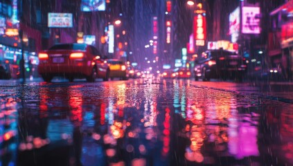 Obraz premium Night city street, rain. Bright neon lights reflected in puddles