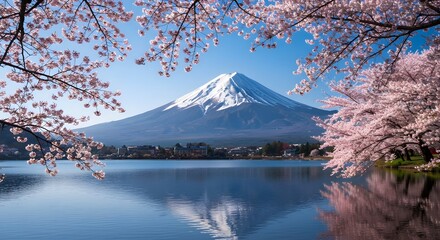 Majestic Mt Fuji, Japan tallest volcano, snow-capped, conical, viewed in vibrant pink sakura trees during spring. Natural landscape offers breathtaking backdrop with tranquil lake reflection, ideal.