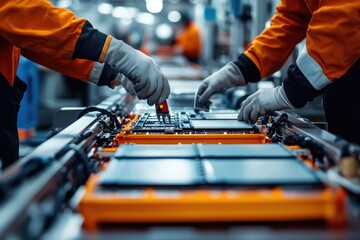 Factory workers assemble battery components on an automated line.  