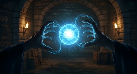 A skilled wizard conjures powerful glowing energy from their hands in a dimly lit ancient chamber summoning arcane power