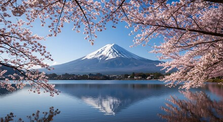 Majestic Mt Fuji, Japan tallest volcano, snow-capped, conical, viewed in vibrant pink sakura trees during spring. Natural landscape offers breathtaking backdrop with tranquil lake reflection, ideal.