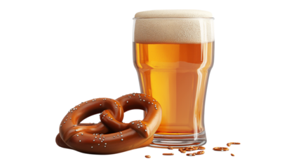 Golden Beer with Frothy Head and Pretzel on Transparent Background