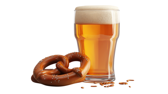 Golden Beer with Frothy Head and Pretzel on Transparent Background - Powered by Adobe