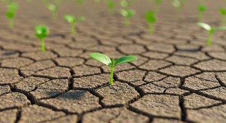 Green plants sprout from cracked earth. Drought, climate change, agriculture, eco concepts. Symbol of resilience, life, growth against hardship. Environment, conservation, nature comeback.