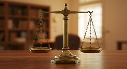 Bronze scales justice, law system representation. Symbol of legal balance, fairness, equality. Blurred background. Weight decision, judgement, equilibrium. Courtroom setting, authority, judiciary.