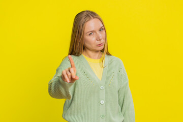 Displeased upset woman reacting to unpleasant awful idea, dissatisfied with bad quality, wave hand,...