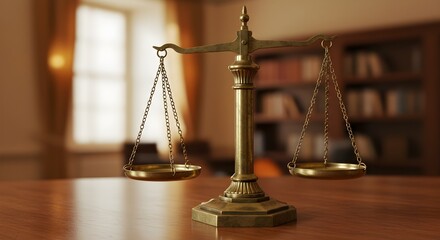 Bronze scales justice, law system representation. Symbol of legal balance, fairness, equality. Blurred background. Weight decision, judgement, equilibrium. Courtroom setting, authority, judiciary.
