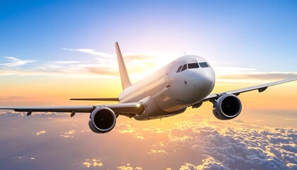 Fototapeta premium Airplane soaring through clouds at sunset