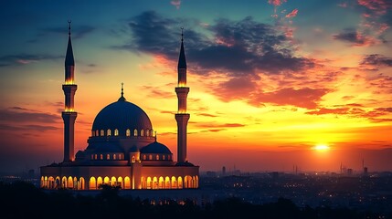 A mosque illuminated at dawn, with a vibrant sunrise over the city.