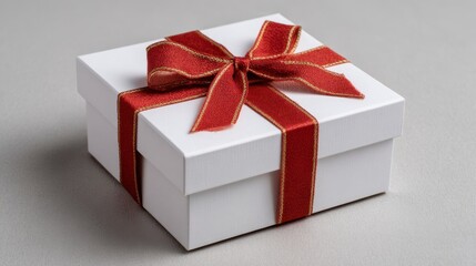 Obraz premium Elegant White Gift Box with Crimson Bow: A Festive Presentation