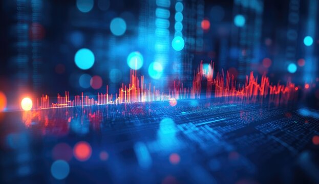 Abstract digital cityscape. Blurry, glowing city silhouette rendered on a data-rich surface. Bokeh effect adds depth