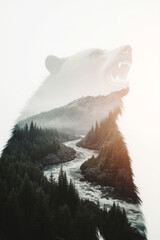 Naklejka premium Generative AI Bear and River Double Exposure Forest Double exposure Nature Wildlife Landscape Trees Fog Mountains Water Animal Grizzly bear Wilderness Outdoors Strength - High Quality