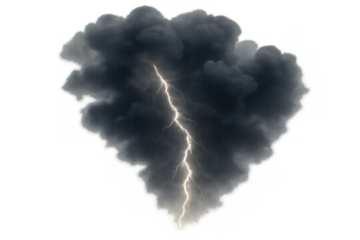 Realistic lightning bolt illuminating dark cumulonimbus clouds, isolated on transparent background, perfect for weather or disaster-related projects