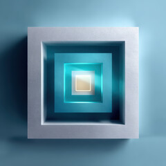 A minimalist abstract image featuring nested square frames with varying textures and shades of blue, creating a sense of depth and geometric harmony.