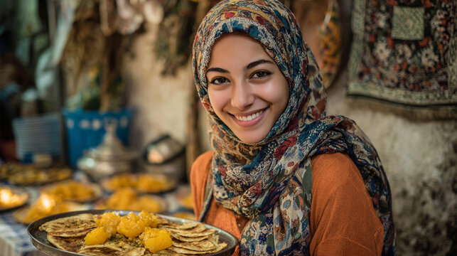 Portrait of a beautiful and smiling young Libyan woman showing a typical Libyan dish to the camera while in Tripoli the capital of Libya