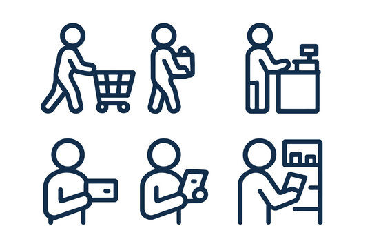 Dark blue shopping icons showing daily buying tasks like pushing cart and paying. Designed for e-commerce apps.