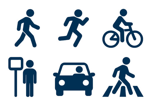 Filled dark blue commute icons with people walking, running, biking and driving. Perfect for mobility UI kits.