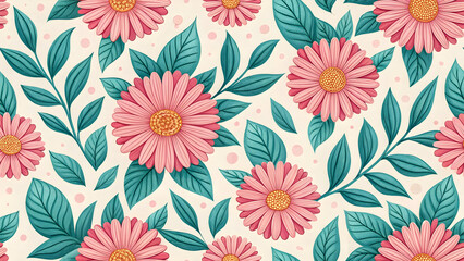 Seamless Pink Floral Pattern with Teal Leaves on Light Background