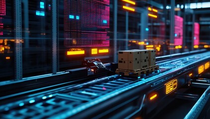 Automated cargo moving on a conveyor belt in a futuristic server room