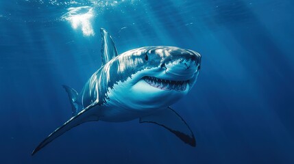 Fototapeta premium A great white shark swims confidently underwater, illuminated by sunlight filtering through the ocean surface.