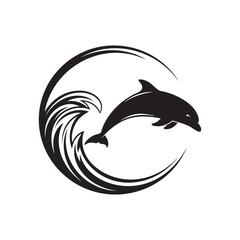 A jumping dolphin inside a circular ocean wave for a vector logo