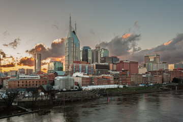 Nashville Skyline from across the Cumberland River in December as it prepares for the New Years fireworks&rsquo; display