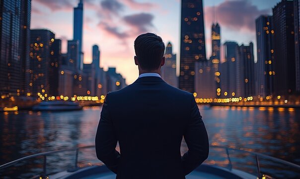 Man in suit, city skyline view