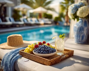 Summer Poolside Relaxation with Fresh Berries and Drink
