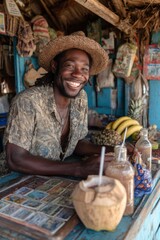Happy Man Selling Tropical Fruit at Market Stall