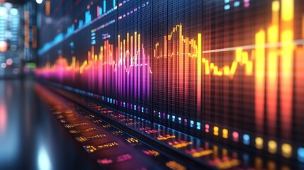 Colorful financial data displayed on multiple screens.