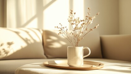 Fototapeta premium Sunlight streams into a room, highlighting a small vase of dried flowers on a tray