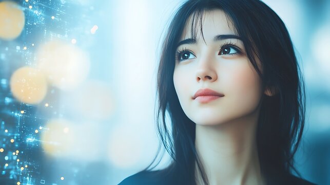 Thoughtful young woman gazing upward against a digital backdrop.