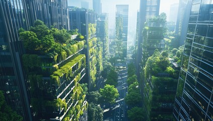 Obraz premium Lush urban cityscape with green-covered buildings