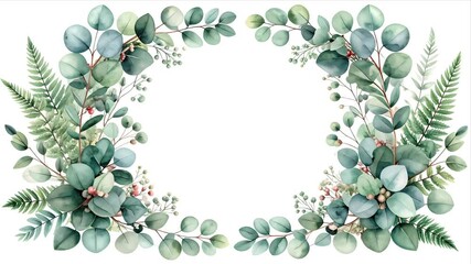 Watercolor illustration of eucalyptus leaves and ferns with a white background - Powered by Adobe