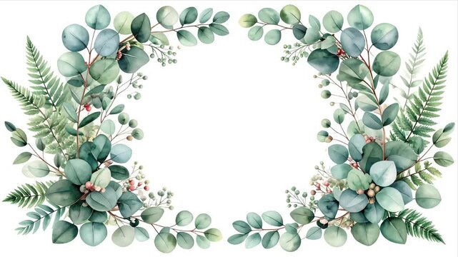 Watercolor illustration of eucalyptus leaves and ferns with a white background