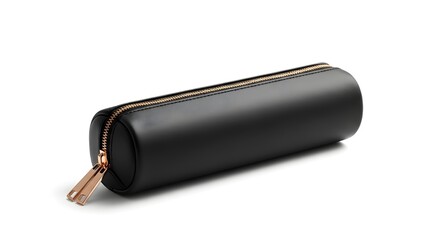 Cylindrical Leather Pencil Case with Zipper and Rose Gold Accents