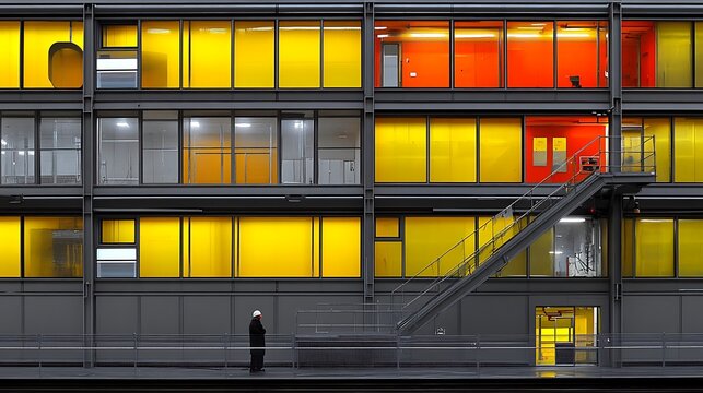 Modern architectural facade with vibrant yellow and orange windows.
