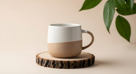 Stylish Two Tone Ceramic Mug With Handle on a Natural Wood Slice Displayed with Green Leaves	