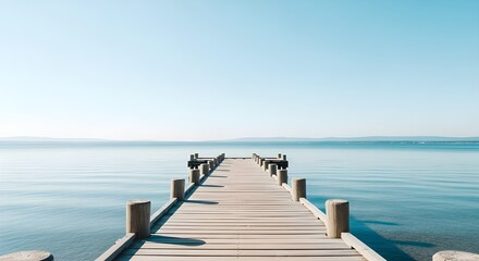 A serene wooden jetty stretches out into the calm ocean under a clear blue sky on a peaceful day	