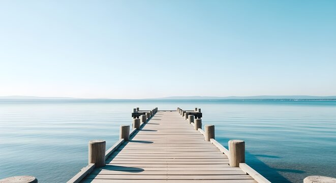 A serene wooden jetty stretches out into the calm ocean under a clear blue sky on a peaceful day	 - Powered by Adobe