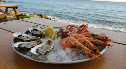 A fresh seafood plate featuring oysters on ice and grilled shrimp in a sunny coastal setting, vibrant and appetizing, perfect for gastronomy, restaurants, summer dining, and fresh flavors.

