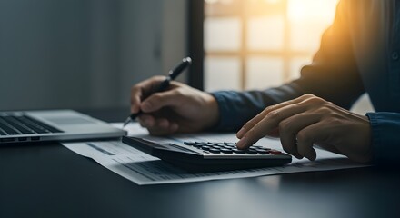 A person's hands are busy calculating finances with a calculator and writing notes on a desk with a laptop nearby