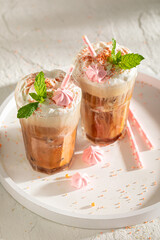 Homemade and fresh ice coffee made with milk and espresso.