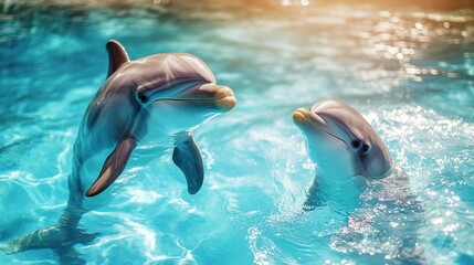 Two playful dolphins swim and leap gracefully in clear, sunlit turquoise water, showcasing their smooth skin and joyful expressions.