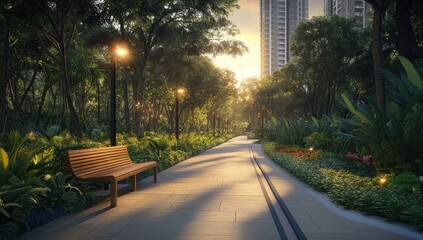 Fototapeta premium Lush park pathway at sunrise. Sunlight streams down a paved path lined with lush greenery, trees, and a park bench. Modern apartment building in background