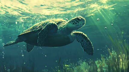 Obraz premium A sea turtle gracefully swims underwater, illuminated by sunlight filtering through the ocean surface with aquatic plants in the background.
